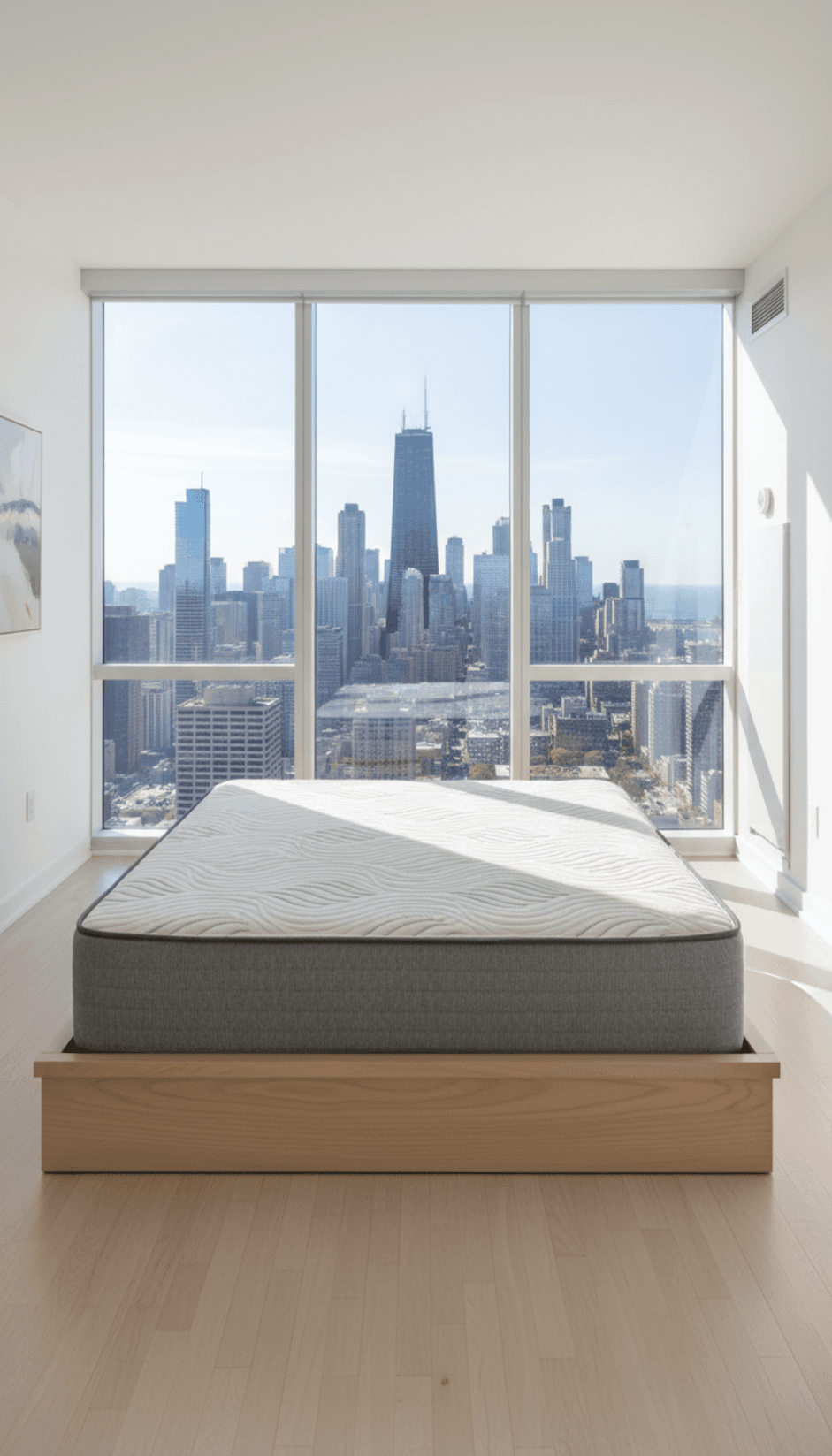 Busby mattress styled in a high-rise bedroom